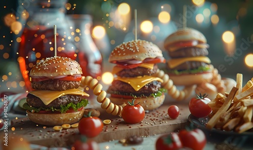 A 3D DNA strand intertwined with icons of burgers, fries, and sodas, symbolizing the connection between genetics and junk food photo