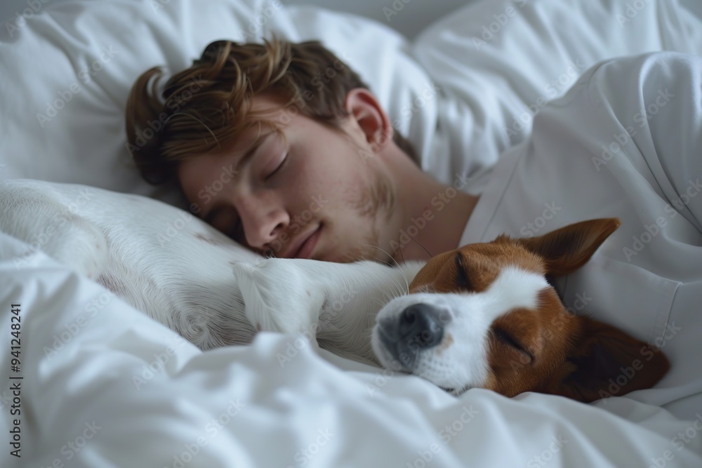 Young man sleeping with his dog Young man sleeping with his dog