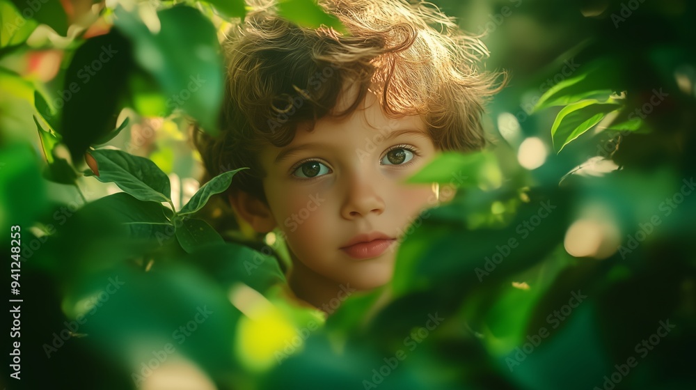 A boy peeks from a green bush, eyes sparkling with wonder in a vibrant, magical setting. A boy peeks from a green bush, eyes sparkling with wonder in a vibrant, magical setting.