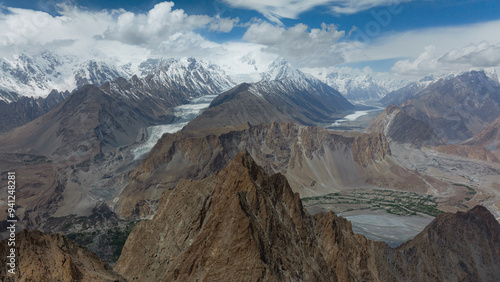 Aerial view of Passu and Batura Glacier in Passu, Gilgit Baltistan, Pakistan, Karakoram range, Himalayas photo