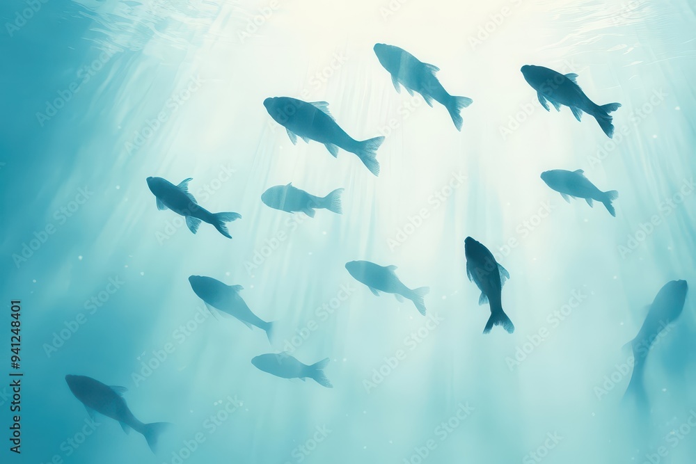 A serene underwater scene depicting a school of fish swimming gracefully in a tranquil blue environment. A serene underwater scene depicting a school of fish swimming gracefully in a tranquil blue environment.