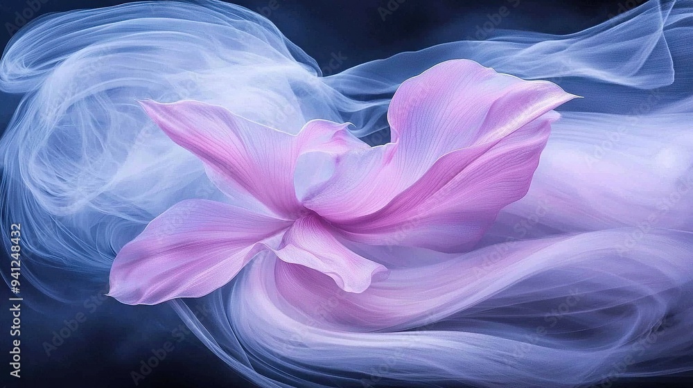A pink flower with white swirls on a dark blue background and a white swirl in the center of the image A pink flower with white swirls on a dark blue background and a white swirl in the center of the image