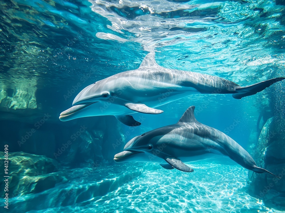 Fototapeta premium Two adorable dolphins swim in the blue ocean over coral reefs, selective focus
