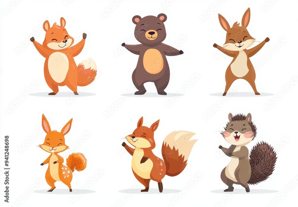 Fototapeta premium This set of forest wild babies to please your kids includes bears, foxes, moose, hedgehogs, squirrels, and other pets. This is a cute wildlife set designed for children with a modern watercolor