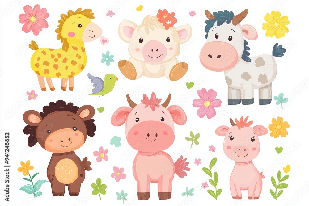 This is a collection of cute farm animals, including cows, pigs, and sheepdogs. The doodle drawings on white backgrounds are decorated with a textured effect. This is a collection of cute farm animals, including cows, pigs, and sheepdogs. The doodle drawings on white backgrounds are decorated with a textured effect.