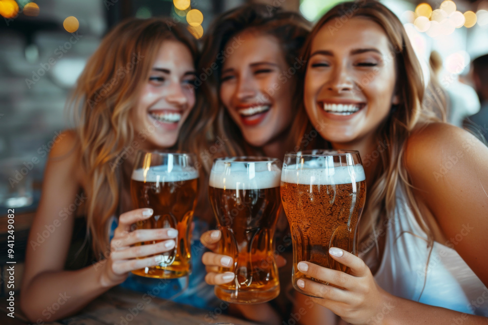 Happy young friends toasting beer glasses in a pub Happy young friends toasting beer glasses in a pub