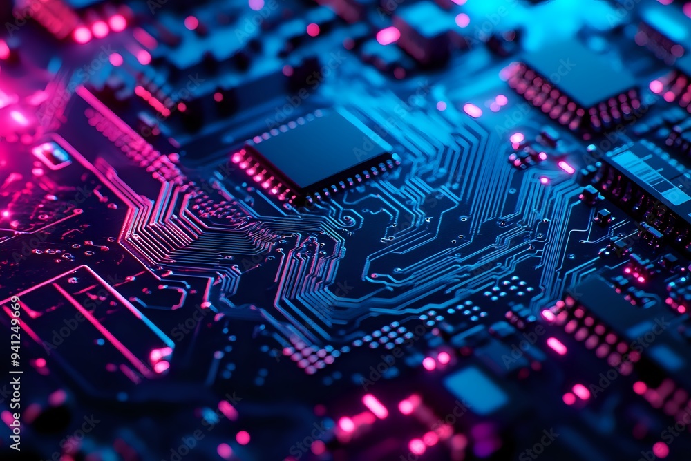 Obraz premium Circuit Board with Neon Lights: A Close-up View of Technological Advancement