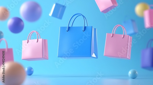 Colorful shopping bags levitating against a vibrant blue background, creating a fun and playful atmosphere for retail and promotions.