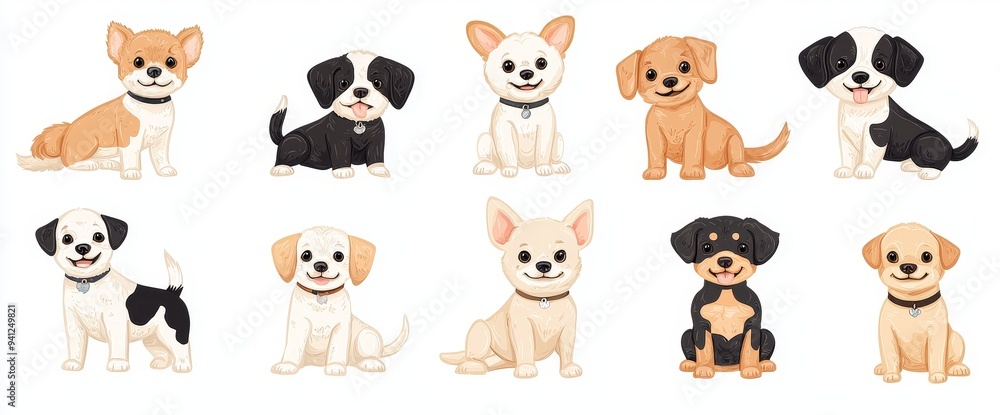 Dog doodle modern set. Cartoon dogs or puppies in various poses with flat colour palette. Set of funny pet animals isolated on white. Dog doodle modern set. Cartoon dogs or puppies in various poses with flat colour palette. Set of funny pet animals isolated on white.