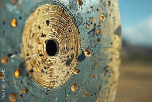 Metal target riddled with bullet holes, precision and impact of marksmanship photo