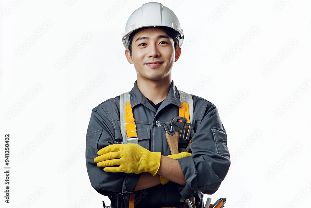 Worker wearing hard hat smiling positively Worker wearing hard hat smiling positively