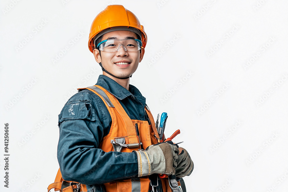Worker wearing hard hat smiling positively Worker wearing hard hat smiling positively