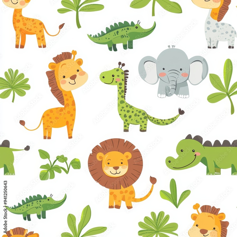 Obraz premium Hand-drawn jungle animals and palms seamless pattern for kids, summer background