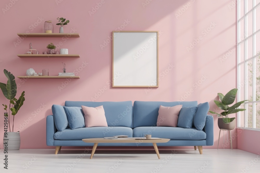 This mockup features a living room interior with a couch and shelf, along with a panoramic window This mockup features a living room interior with a couch and shelf, along with a panoramic window