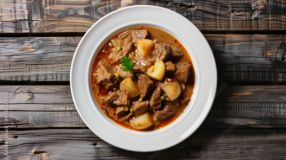 Savor a hearty beef stew with tender beef, potatoes, and peas in rich gravy, topped with parsley on a wooden table. Enjoy rustic comfort food Savor a hearty beef stew with tender beef, potatoes, and peas in rich gravy, topped with parsley on a wooden table. Enjoy rustic comfort food