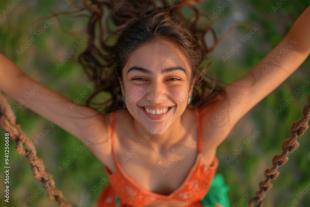Top angle view of a smiling young beautiful Indian female laughing while swinging on a swing Top angle view of a smiling young beautiful Indian female laughing while swinging on a swing