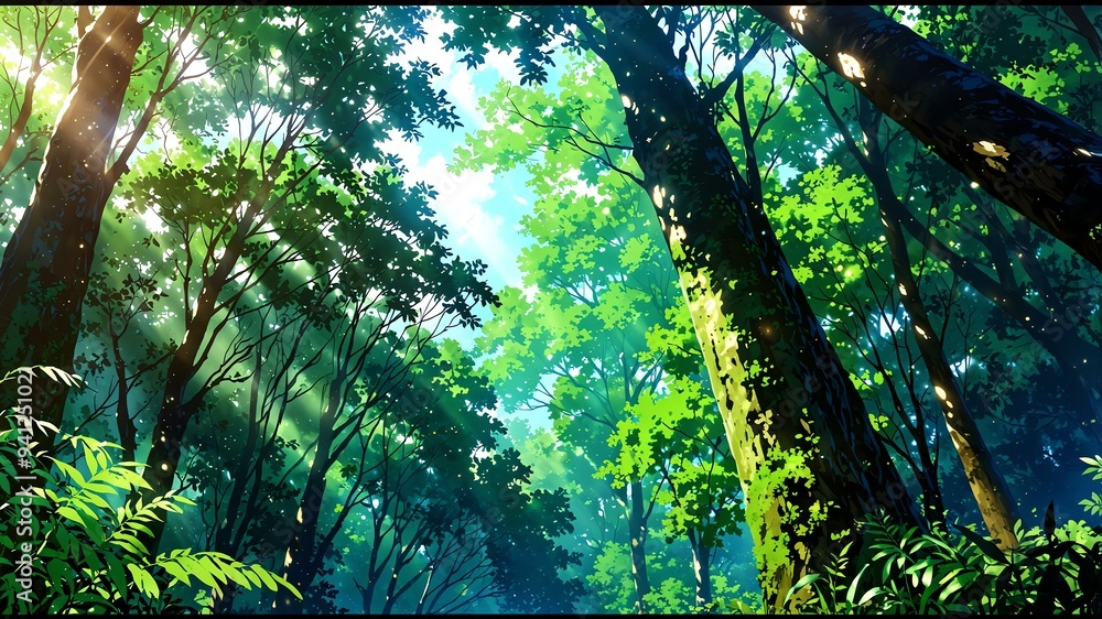 Naklejka premium lush green forest with tall majestic trees and a soft background