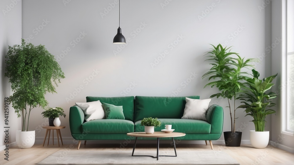 Minimalist Living Room with Green Sofa and Plants Minimalist Living Room with Green Sofa and Plants