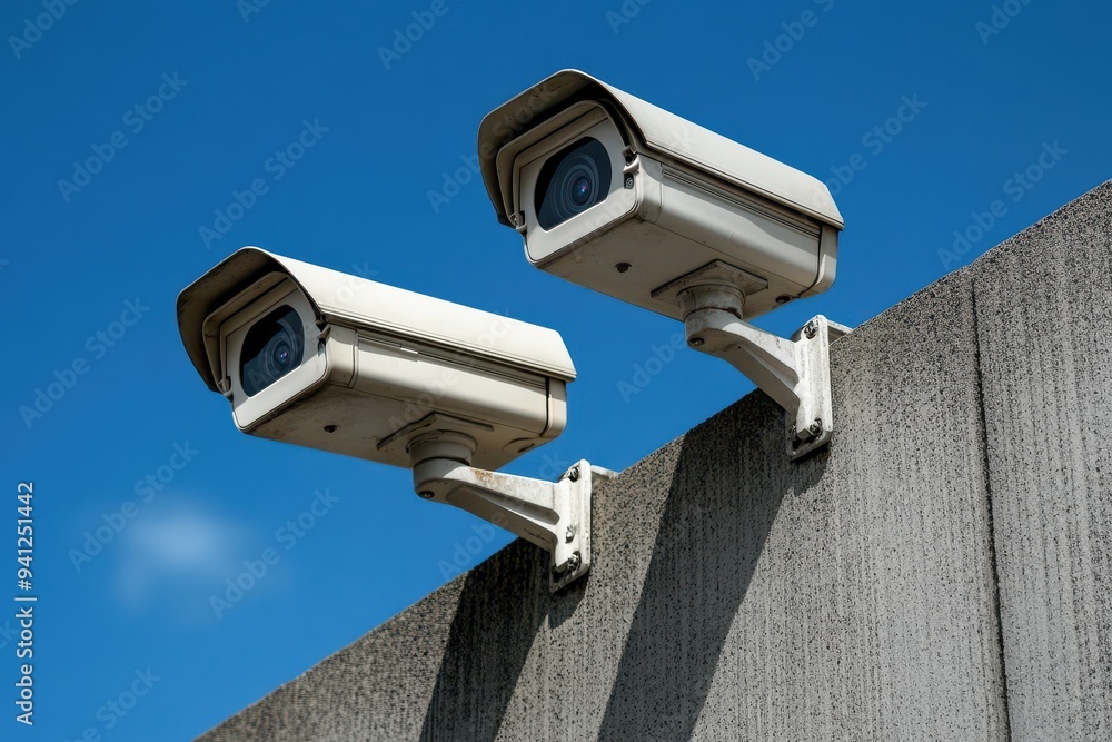 Two security cameras mounted on a wall against a clear blue sky, ensuring surveillance and safety in the area. Two security cameras mounted on a wall against a clear blue sky, ensuring surveillance and safety in the area.