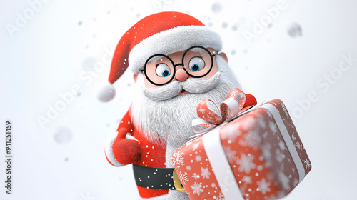 A 3D rendering of a cute Santa Claus with a gift in his hand on white background, christmas greeting card, happy new year athosphere photo