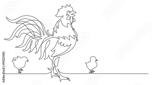 Continuous line drawing of a rooster and two chicks. Template for your design work. Vector illustration.