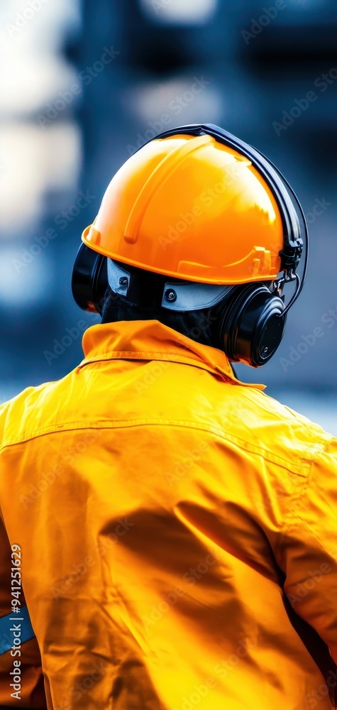 Fototapeta premium A worker wearing an orange helmet and protective headphones on a construction site, showcasing safety in the workplace.
