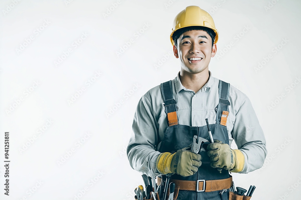 Worker wearing hard hat smiling positively Worker wearing hard hat smiling positively