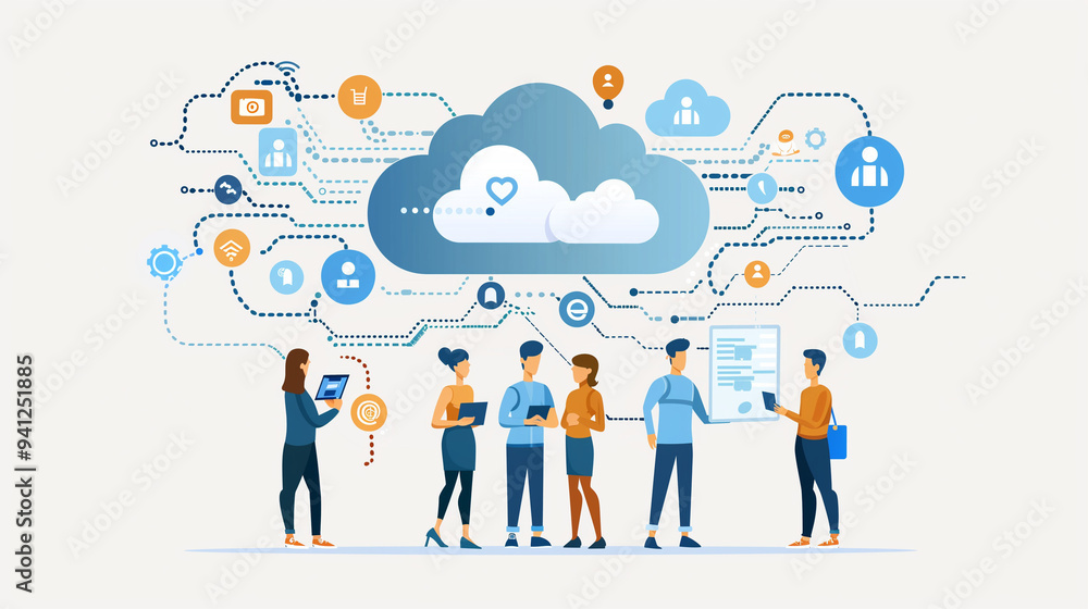 Cloud computing concept with professionals collaborating, featuring data security, connectivity, and digital transformation icons. Cloud computing concept with professionals collaborating, featuring data security, connectivity, and digital transformation icons.