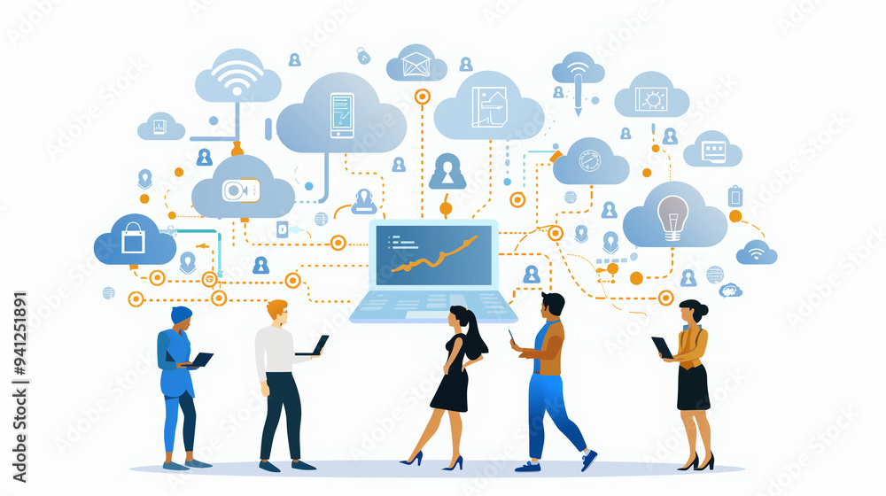 Cloud computing concept with professionals collaborating, featuring data security, connectivity, and digital transformation icons. Cloud computing concept with professionals collaborating, featuring data security, connectivity, and digital transformation icons.