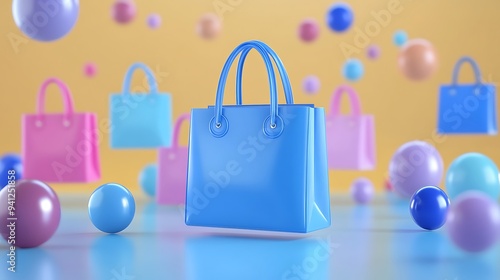 Colorful shopping concept with floating bags and spheres on a vibrant background, presenting a playful and dynamic retail scene.