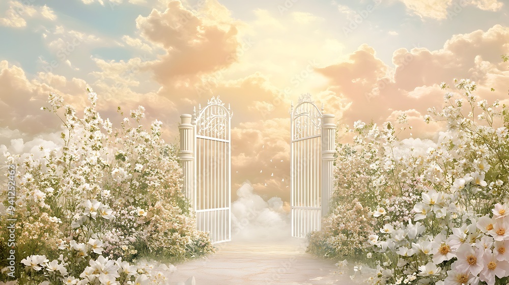 White Gate Leading to Heaven in a Field of Flowers White Gate Leading to Heaven in a Field of Flowers