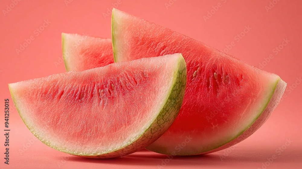 Watermelon slices stacked on pink countertop Watermelon slices stacked on pink countertop