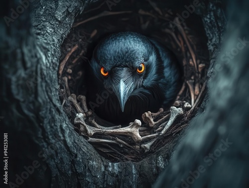 Gothic raven's nest made of bones, set in the hollow of a dead tree, glowing eyes watching from the darkness, gothic raven's nest, Halloween dark nature photo