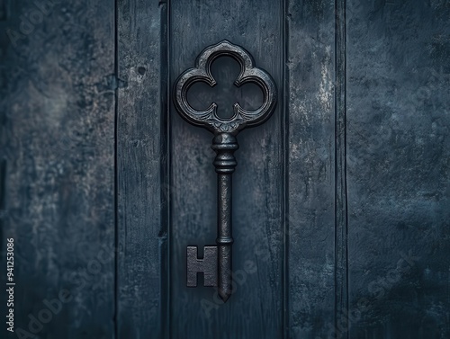 Gothic skeleton key with intricate details, unlocking an ancient, cursed door in a shadowy castle, gothic key, Halloween ancient secrets