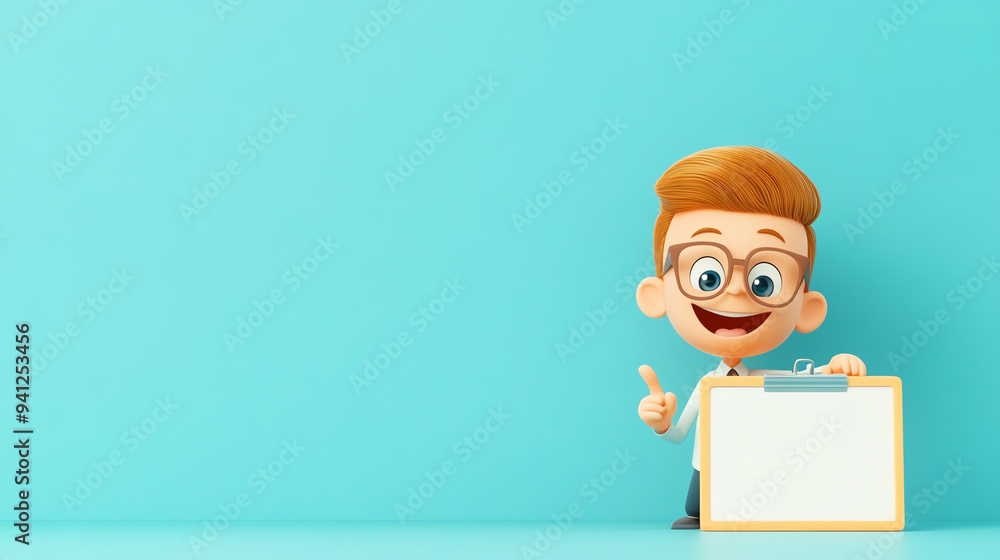 An excited cartoon boy with glasses holds a blank sign against a teal background, perfect for customizable messages. An excited cartoon boy with glasses holds a blank sign against a teal background, perfect for customizable messages.