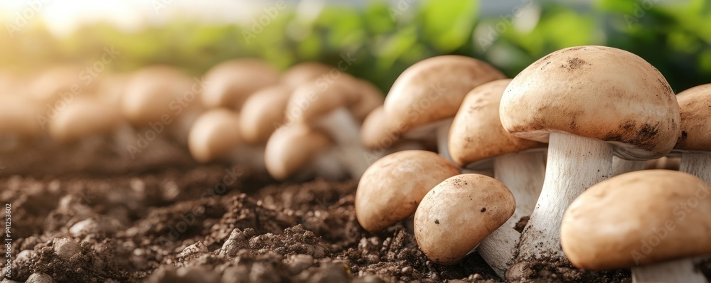 Fresh mushrooms growing in soil with sunlight creating a warm ambiance, perfect for food or nature themes.
