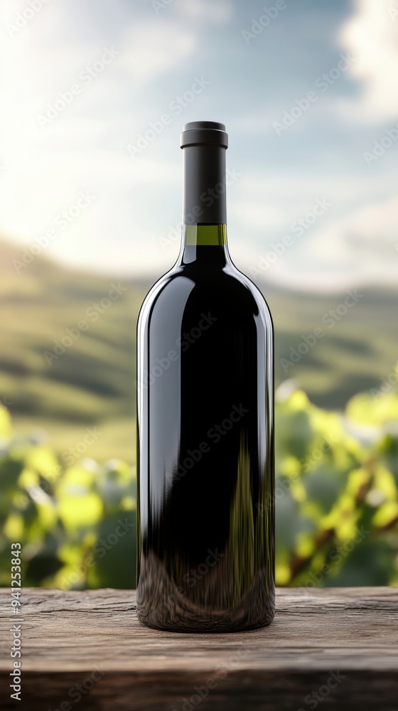 Fototapeta premium Elegant black wine bottle stands on a rustic table against a backdrop of green vineyards and soft, sunny skies.