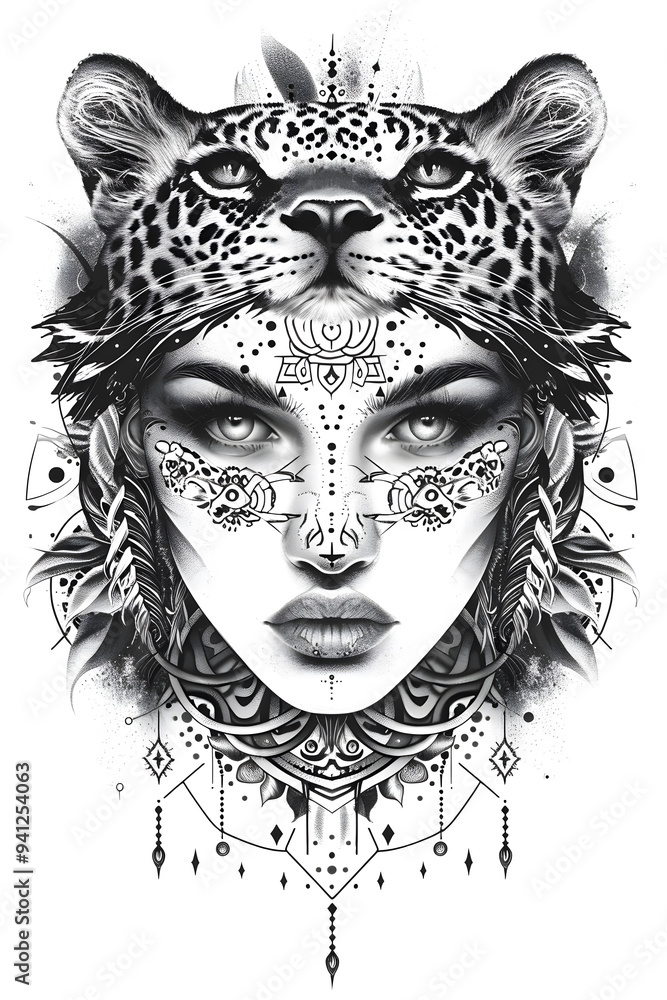 Fototapeta premium Beautiful womans face wearing leopard costume very simple traditional tattoo flash styles illustration