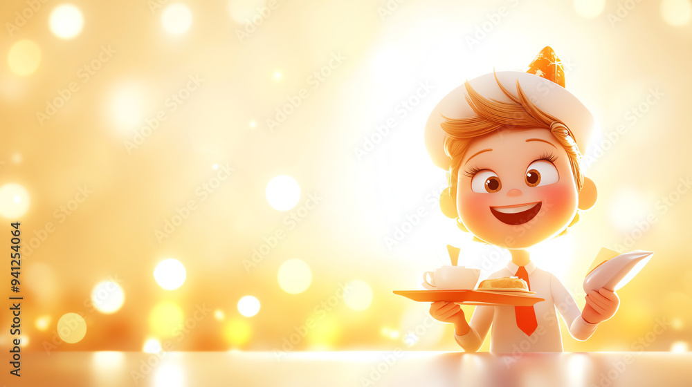Cheerful cartoon character in a chef's hat, holding a plate of food with a bright, glowing background, perfect for culinary themes. Cheerful cartoon character in a chef's hat, holding a plate of food with a bright, glowing background, perfect for culinary themes.