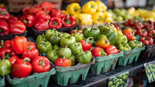 A close-up of vibrant mixed capsicum in green, red and yellow color a market booth with hazy background or text for use in text, Generative AI.