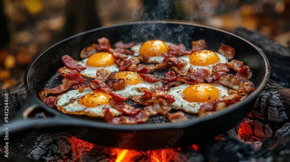 rustic camping scene with a cast iron skillet full of sizzling bacon and eggs cooking over an open fire morning light filters through misty forest creating a cozy and adventurous atmosphere rustic camping scene with a cast iron skillet full of sizzling bacon and eggs cooking over an open fire morning light filters through misty forest creating a cozy and adventurous atmosphere