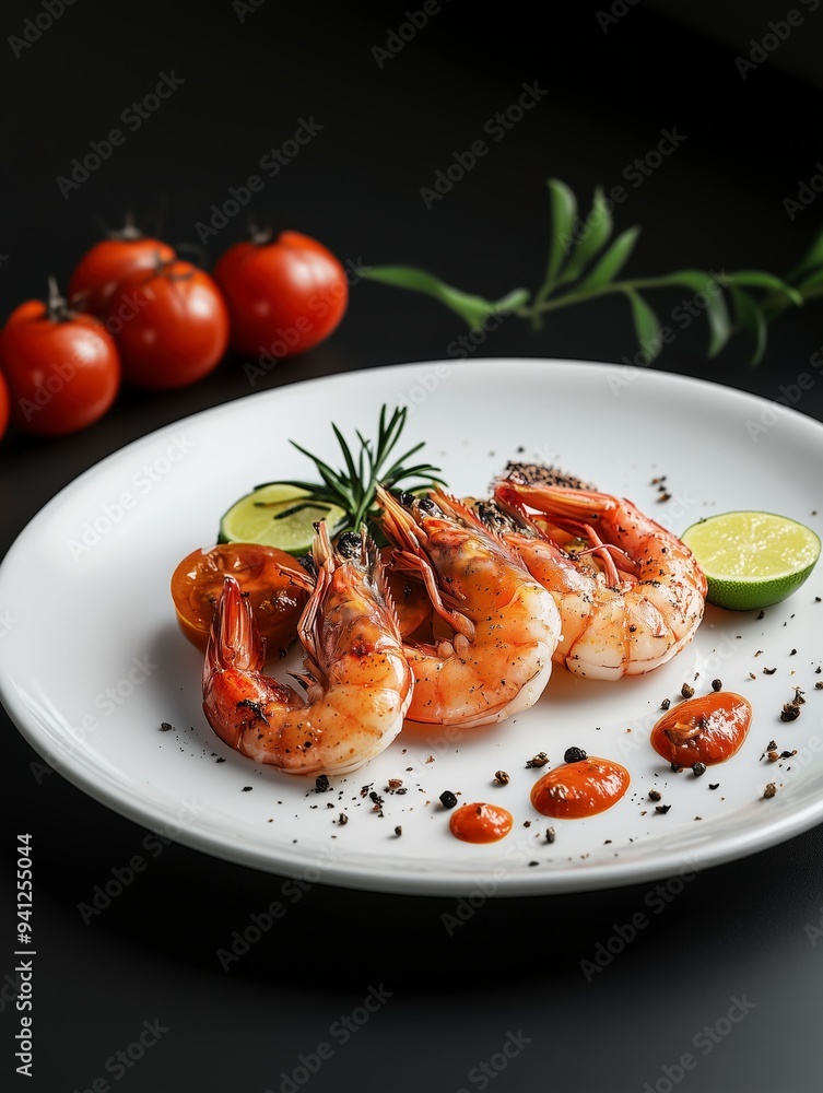 Grilled shrimp served on a white plate with lime, tomatoes, and garnished with herbs. Grilled shrimp served on a white plate with lime, tomatoes, and garnished with herbs.