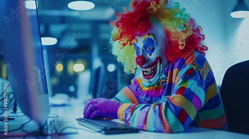 A clown typing on a computer in a colorful outfit, creating a surreal atmosphere. photo