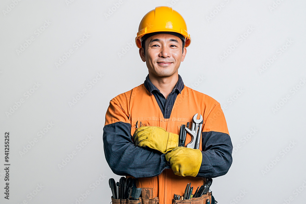 Worker wearing hard hat smiling positively Worker wearing hard hat smiling positively