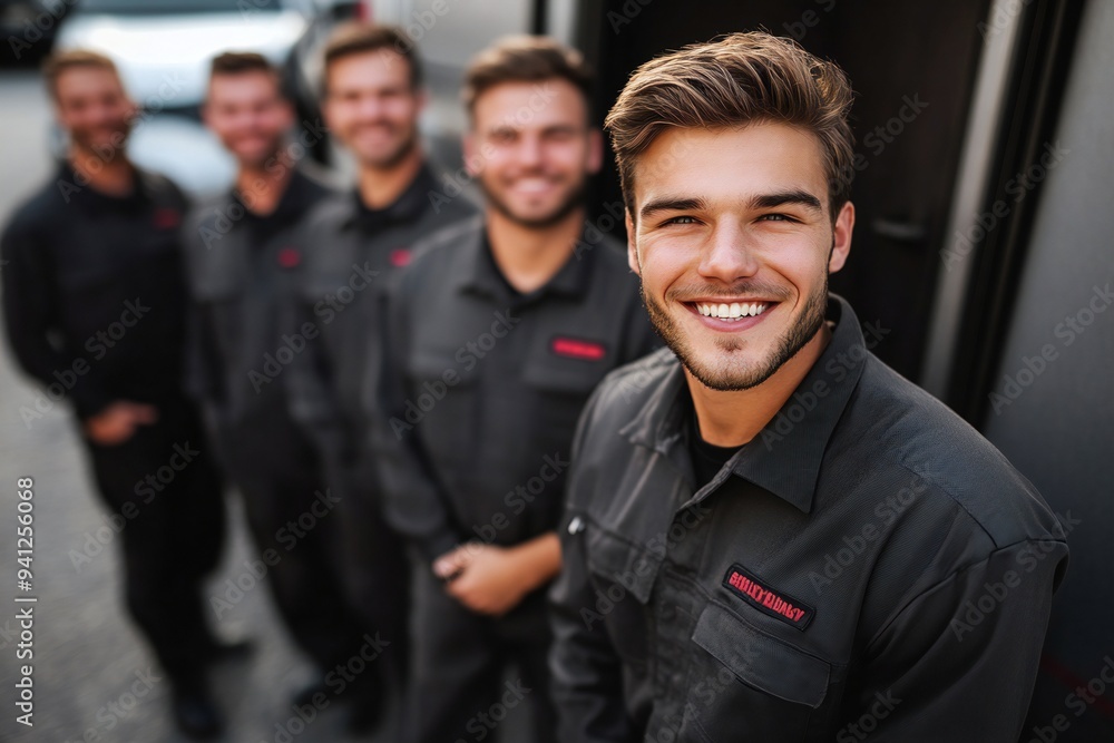 Cheerful technicians in uniform, smiling in front of service vehicles, teamwork, friendly Cheerful technicians in uniform, smiling in front of service vehicles, teamwork, friendly
