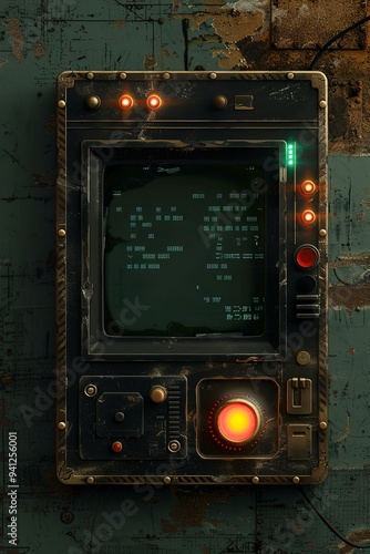 Raypunk style handheld monitor device with led buttons and glowing screen