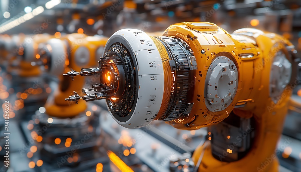 Obraz premium Mechanized industry robot and robotic arms for assembly in factory production. Concept of artificial intelligence for industrial revolution and automation manufacturing process