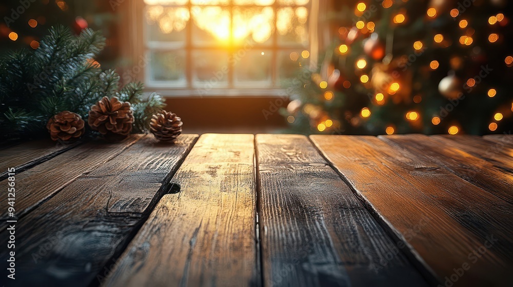 rustic wooden table with bokehlit christmas tree cozy interior warm golden glow festive home atmosphere rustic wooden table with bokehlit christmas tree cozy interior warm golden glow festive home atmosphere