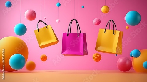 Vibrant shopping bags and colorful spheres against a pink background, perfect for retail, sales, and e-commerce images.