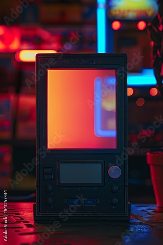 Futuristic sci-fi picture frame screen device with led buttons and glowing frame